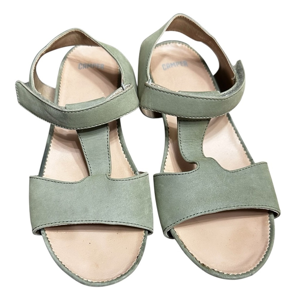 Camper Olive Green Leather T-Strap Sandals